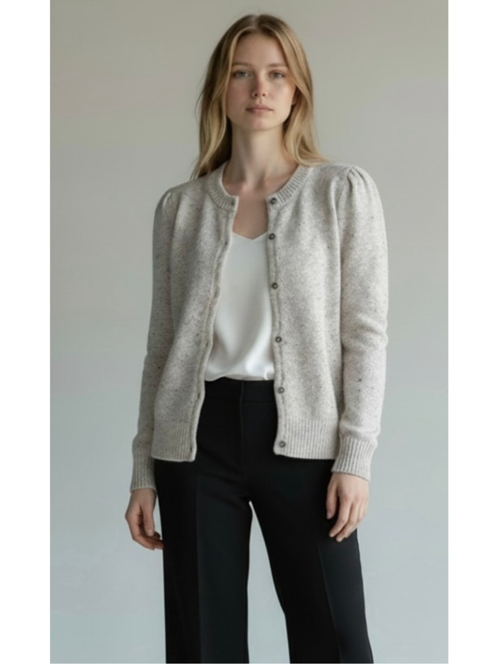 Boden 100% Cashmere Puff Sleeve Cardigan Women's Size XS Flecked Tan